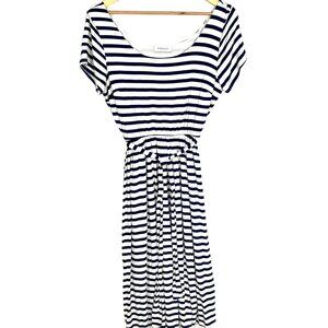 Gilli Striped Midi Dress Size L Navy Blue White Tie Waist Lined Short Sleeve